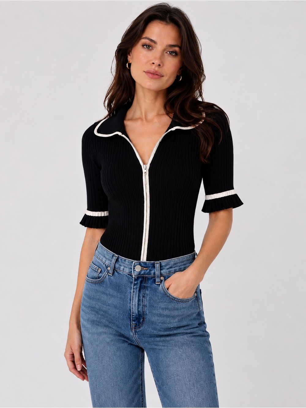Belldini Black Ribbed Zip Cardigan with Cream Trim